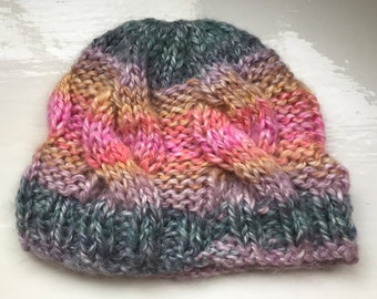 Hand knitted hat, cosy beanie, thick cables, warm, soft, super chunky, pink, peach, apricot, grey