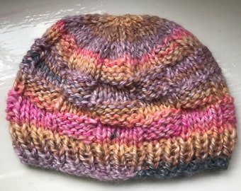 Hand knitted hat, cosy beanie, basket weave stitch, warm, soft, super chunky, pink, apricot, soft lilac purple