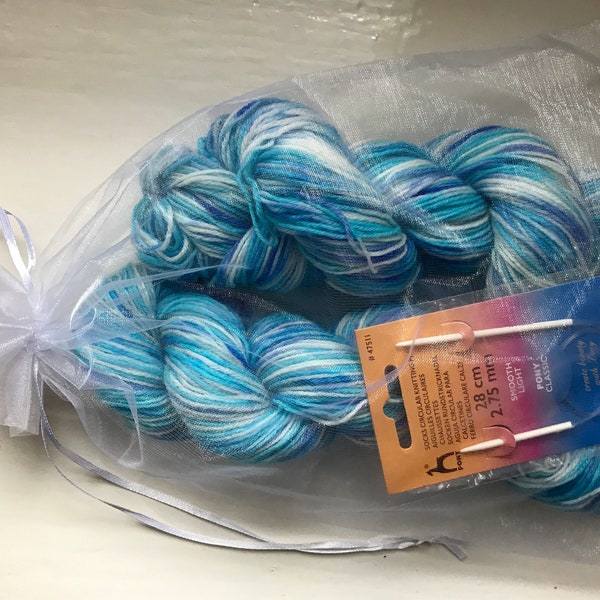 Unique sock yarn kit, hand painted, marine blue, turquoise with some white 100g