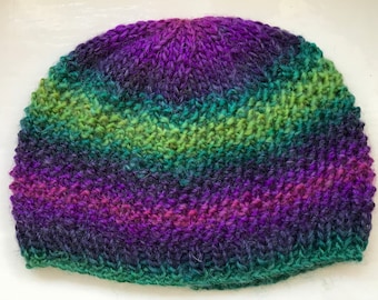 Hand knitted hat, moss stitch, warm wool mix, bright rainbow statement piece