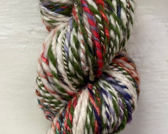 Handspun art yarn, merino, silk, fractal spun - Vineyard -  green, white, orange, chunky