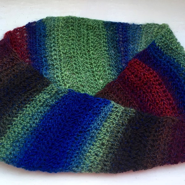 Infinity mobius scarf, crocheted cowl, blue, green, dark red, soft warm neck wear