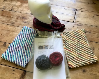 Vegan version: Knitting KIT for COWL, striking design, first project for an easy two yarn modular knit, choice of yarns