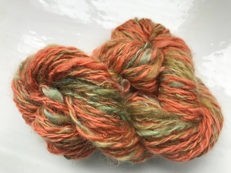 Handspun yarn rustic spun, chunky, plied, rusty ginger, olive greens image 1