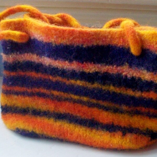 Felted bag, medium tote bag, navy, orange, striped bag, knit, ooak