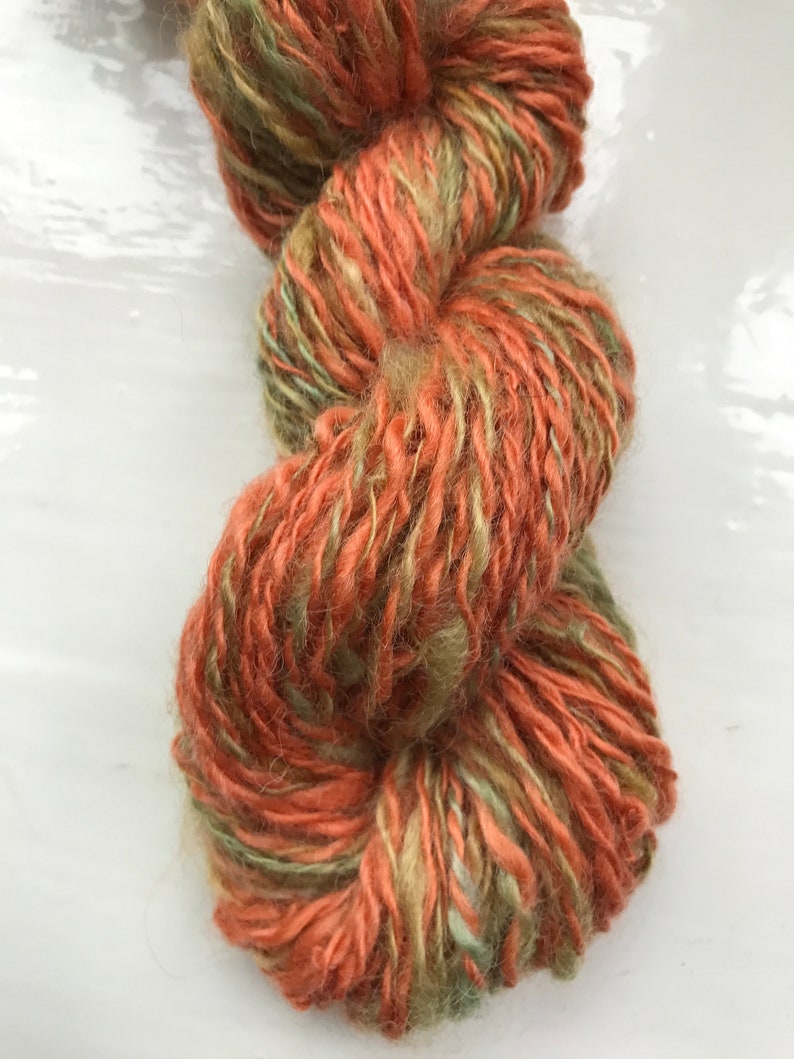 Handspun yarn rustic spun, chunky, plied, rusty ginger, olive greens image 4