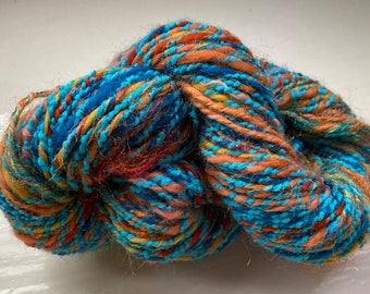 Handspun art yarn, merino, silk, fractal spun - Coral Island, turquoise, blue coral pink .chunky
