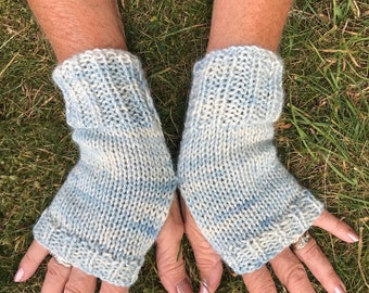 Hand warmers alpaca novelty fingerless gloves, natural dyed, palest blue and ivory