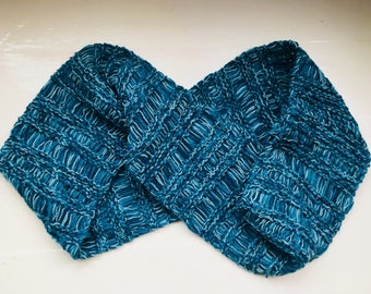 Knitted neck warmer, cosy cowl, warm collar, shades of sea blue, beaded snood scarf