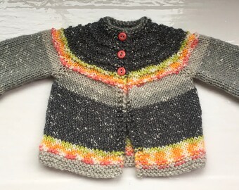 Vegan baby jacket newborn first size cardigan cotton acrylic knit grey orange