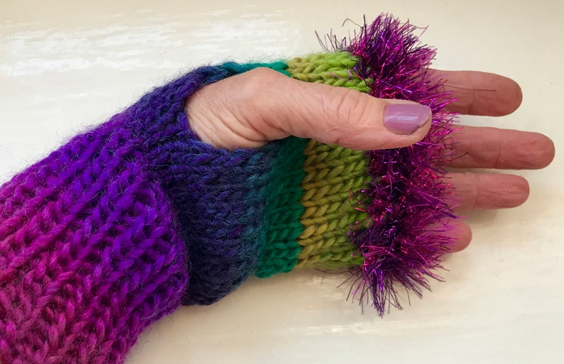Hand warmers, wool mix fingerless gloves, vivid greens, purples, statement item, fun fluffy trim image 8