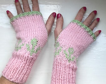 Hand warmers, pure wool , fingerless gloves, pink, green, hand knitted by SpinningStreak