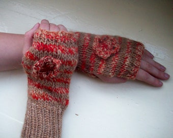 Hand warmers handspun fingerless gloves brown red wool alpaca knit