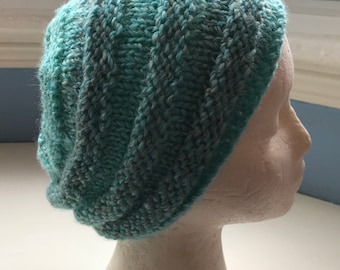 Vegan beanie, knit hat, new design, scrunchable,beehive style, soft light variegated turquoise blues