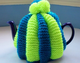 Vegan tea cosy, pompom, fun, retro knit  striped teal blue and fluo yellow green by SpinningStreak