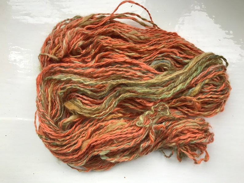 Handspun yarn rustic spun, chunky, plied, rusty ginger, olive greens image 3