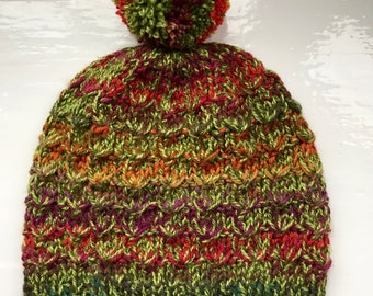 Vegan beanie, hand knitted hat, one of a kind, pompom, warm, chunky, mixed vegan yarns, green,amber, red, rust, touch of purple