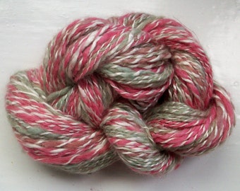 Handspun luxury yarn, merino, silk, cloud soft, sage green, rose pink