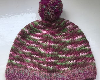 Beanie pompom hat, hand knitted, hand dyed wool, chunky textured, dark red, green, pink unisex