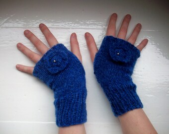 Hand warmers, wool mix, fingerless gloves, royal blue, beaded flower by SpinningStreak