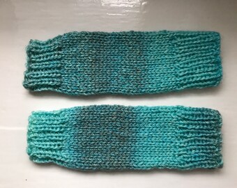 Child's chunky warm leg warmers, hand knitted, vegan, wool free, turquoise aqua