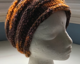 Pure wool beanie, hand knitted hat, new design, scrunchable, beehive style, bold brown and amber colours