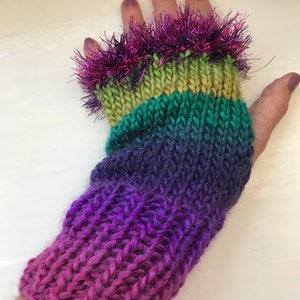 Hand warmers, wool mix fingerless gloves, vivid greens, purples, statement item, fun fluffy trim image 2