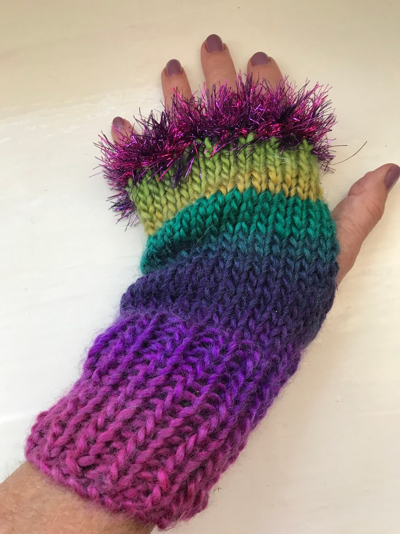 Hand warmers, wool mix fingerless gloves, vivid greens, purples, statement item, fun fluffy trim image 2