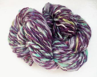 Handspun art yarn -  plum purple, aqua, chunky