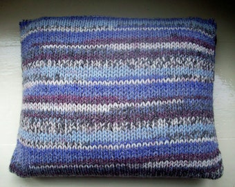 Throw pillow cushion cover hand knit chunky blue purple gray heather striped