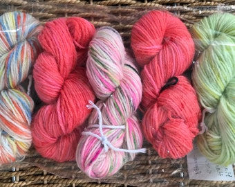 Hand dyed sock yarn mini skein set 3, hand painted, 5 x 20g, ideal for pair of unique socks, scrappy blanket, fair isle, stripes..