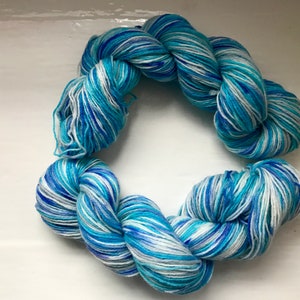 Unique sock yarn, hand painted, marine blue, turquoise with some white 100g image 2