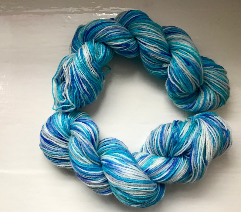 Unique sock yarn, hand painted, marine blue, turquoise with some white 100g image 2