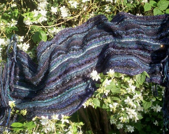 Knitted wedding shawl, luxury midnight blue wrap, long wide scarf, warm cosy stole by SpinningStreak