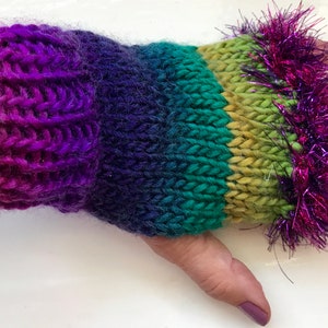 Hand warmers, wool mix fingerless gloves, vivid greens, purples, statement item, fun fluffy trim image 4