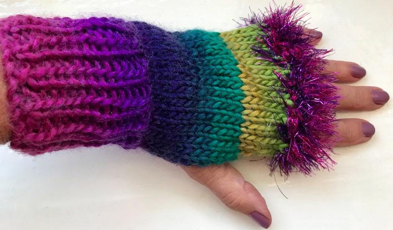 Hand warmers, wool mix fingerless gloves, vivid greens, purples, statement item, fun fluffy trim image 4