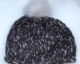 Unisex hat, cosy beanie, warm, hand knitted, Rowan wool, chunky, dark brown, detachable faux fur pompom by SpinningStreak