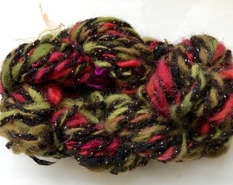 Handspun art yarn, hand dyed tops, small skein, olive green, black, red, subtle sparkle, chunky, Red Dream 4