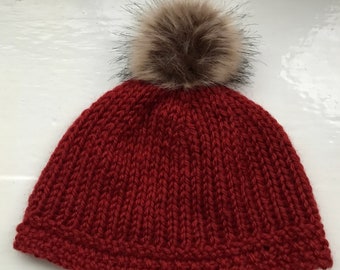 Unisex hat, cosy beanie, warm, hand knitted, pure wool, chunky, dark burgundy red, detachable faux fur pompom by SpinningStreak