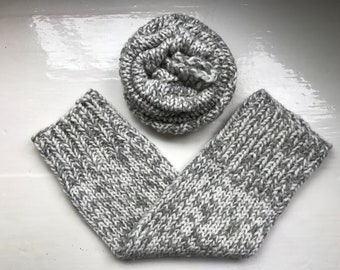 Chunky warm leg warmers, white and silver grey, wool rich mix