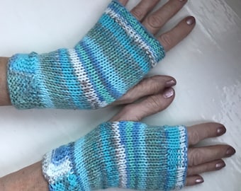 Hand warmers, warm wool, mix, fingerless gloves,, blues, turquoise, hand knitted by Spinningstreak  uk