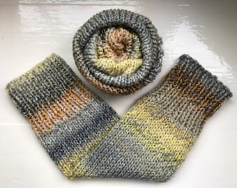 Vegan leg warmers, chunky yarn, warm, variegated greys with a touch of oranges and lemons