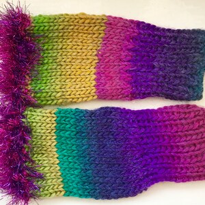 Hand warmers, wool mix fingerless gloves, vivid greens, purples, statement item, fun fluffy trim image 3