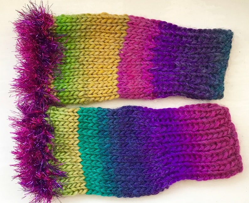 Hand warmers, wool mix fingerless gloves, vivid greens, purples, statement item, fun fluffy trim image 3