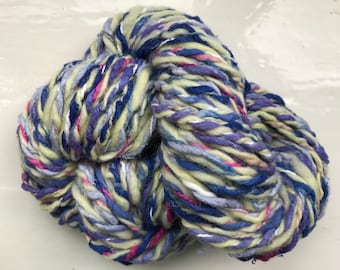 Hand spun art yarn, silk noil, merino tops, purple, pink, lemon, chunky