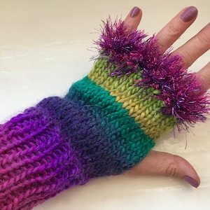 Hand warmers, wool mix fingerless gloves, vivid greens, purples, statement item, fun fluffy trim image 1