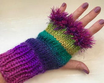 Hand warmers, wool mix fingerless gloves, vivid greens, purples, statement item, fun fluffy trim