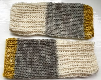 Hand knitted hand warmers, soft hand dyed wool fingerless gloves by SpinningStreak.