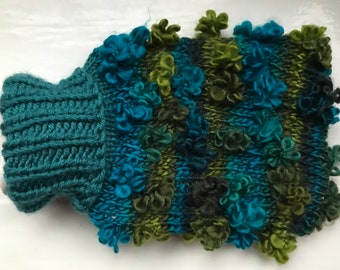 Fun hand knitted hot water bottle and cozy cover medium soft warm green turquoise blue flowers