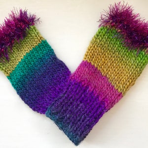 Hand warmers, wool mix fingerless gloves, vivid greens, purples, statement item, fun fluffy trim image 5